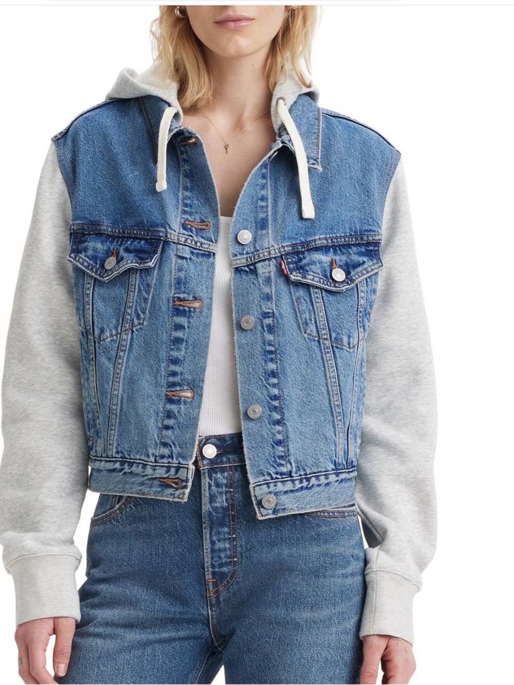 Levi's Blue Denim Jean Jacket with Gray Hoodie Sleeves